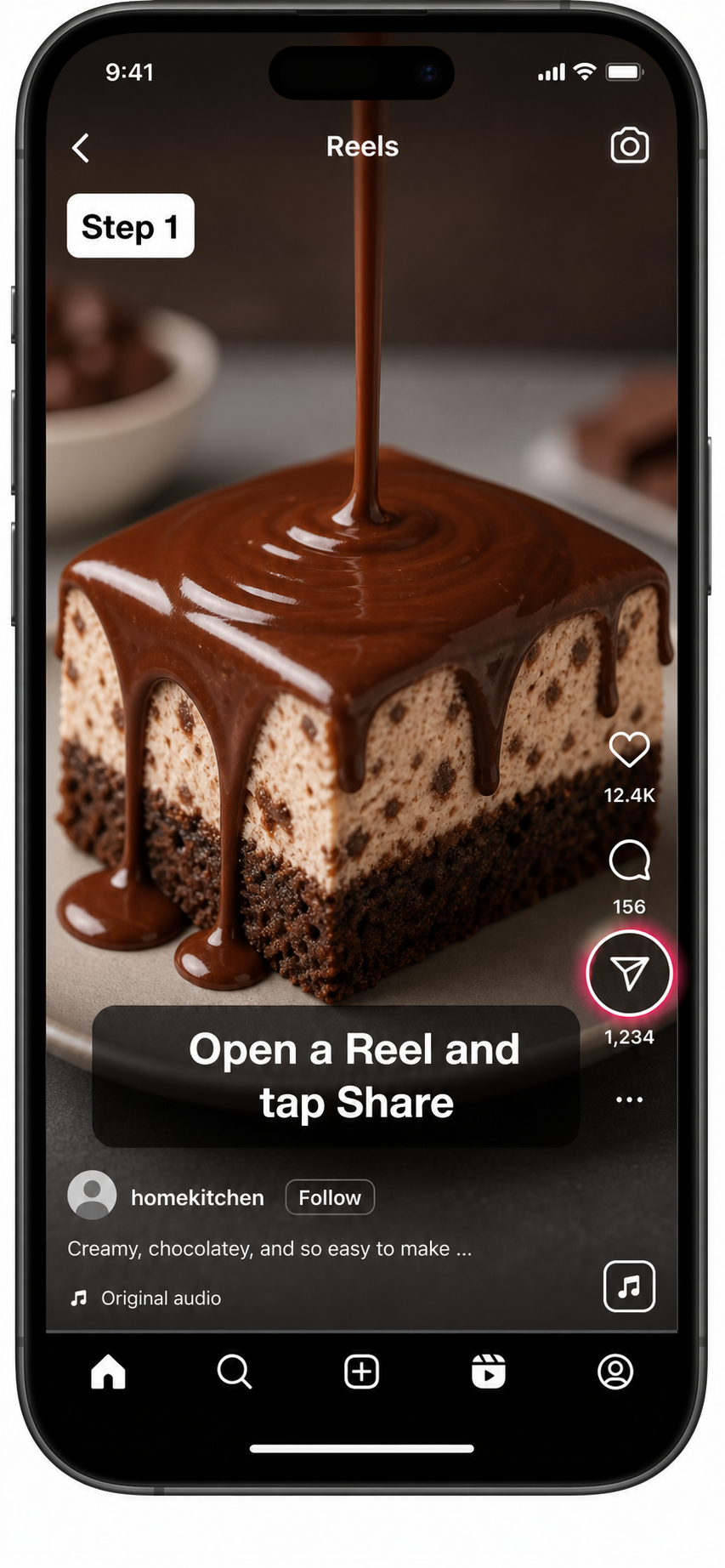 An Instagram Reel with the share arrow highlighted