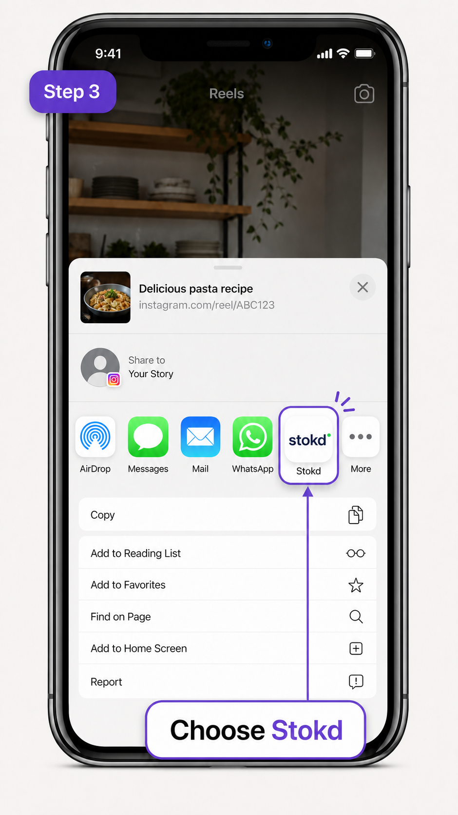 Stokd opening with the shared Instagram Reel ready to import