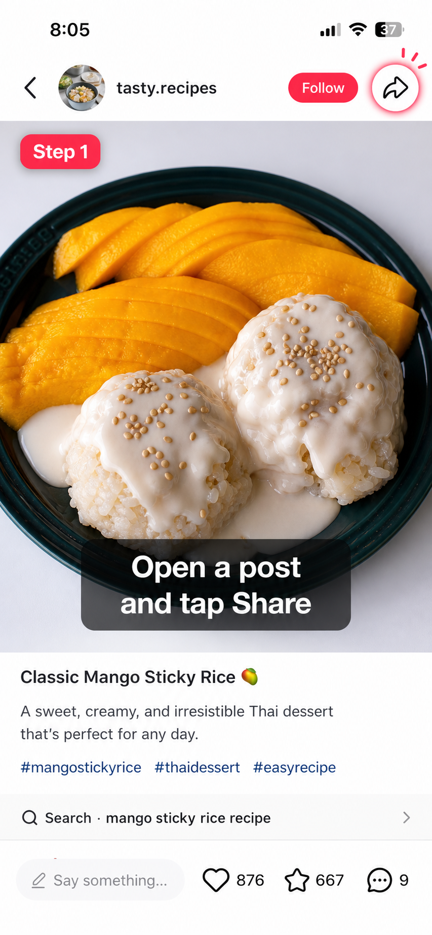 A Rednote recipe post with the share button highlighted
