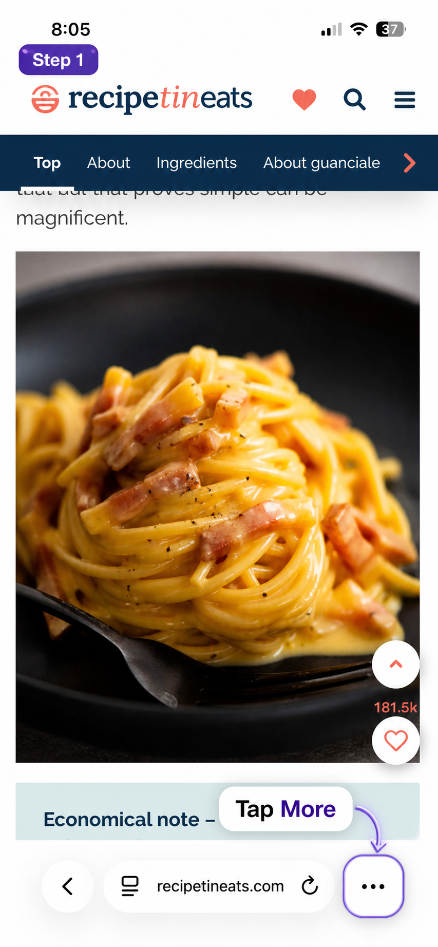 A recipe page open in Safari with the More button highlighted