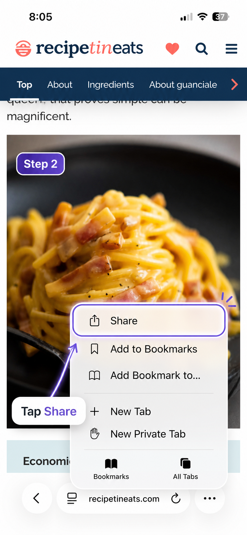 Safari's menu with the Share option highlighted