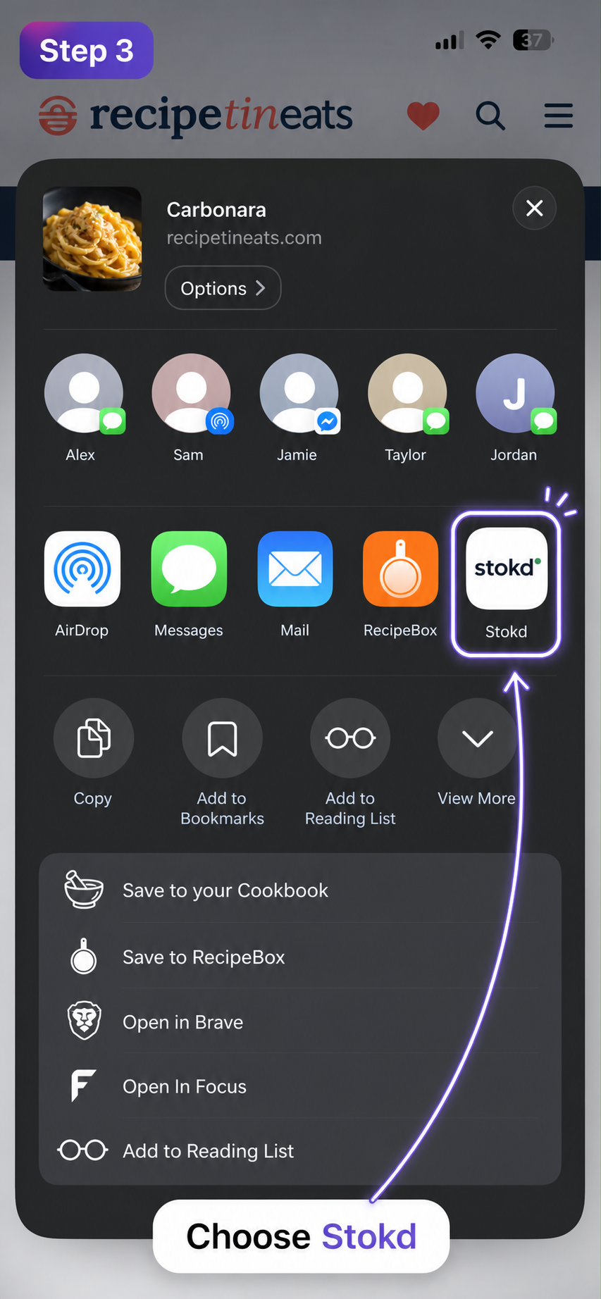 Stokd opening with the shared Safari recipe page ready to import