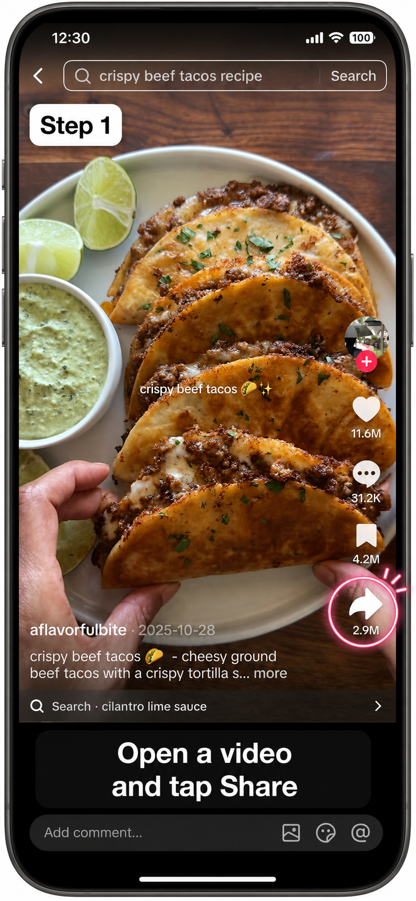 A TikTok recipe video with the share arrow highlighted