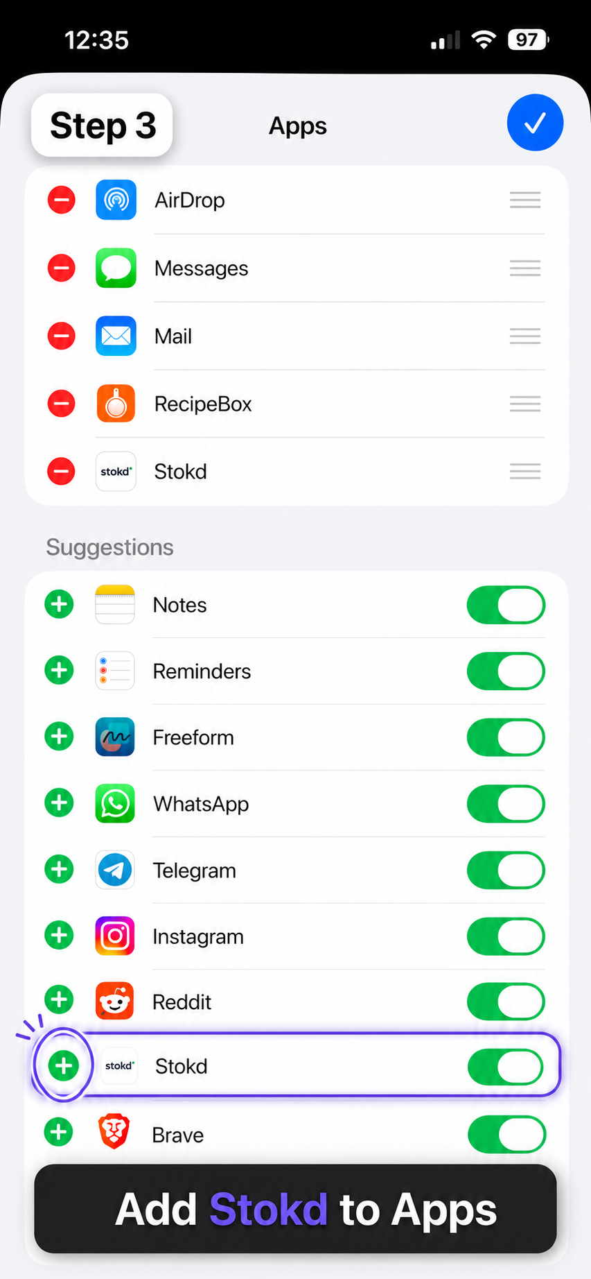The iOS Apps list with a green plus beside Stokd
