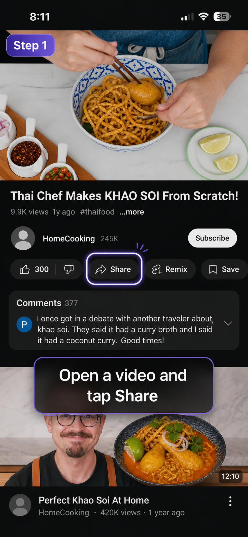 A YouTube recipe video with the Share button highlighted