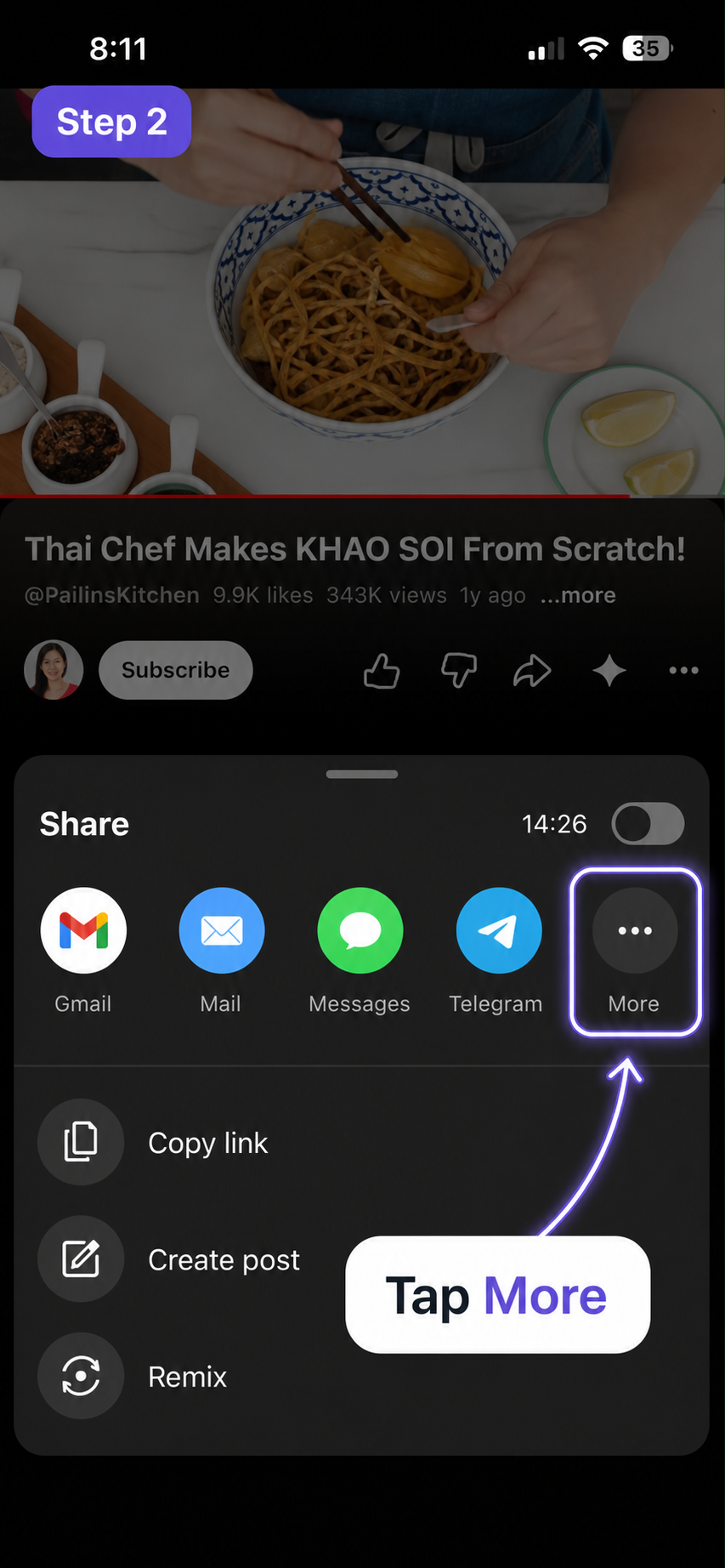 YouTube's share options with More highlighted
