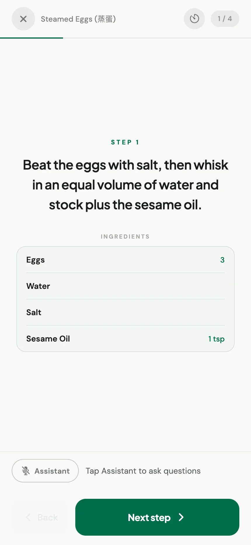 Stokd cook mode showing one step, its ingredients, a timer, and the assistant