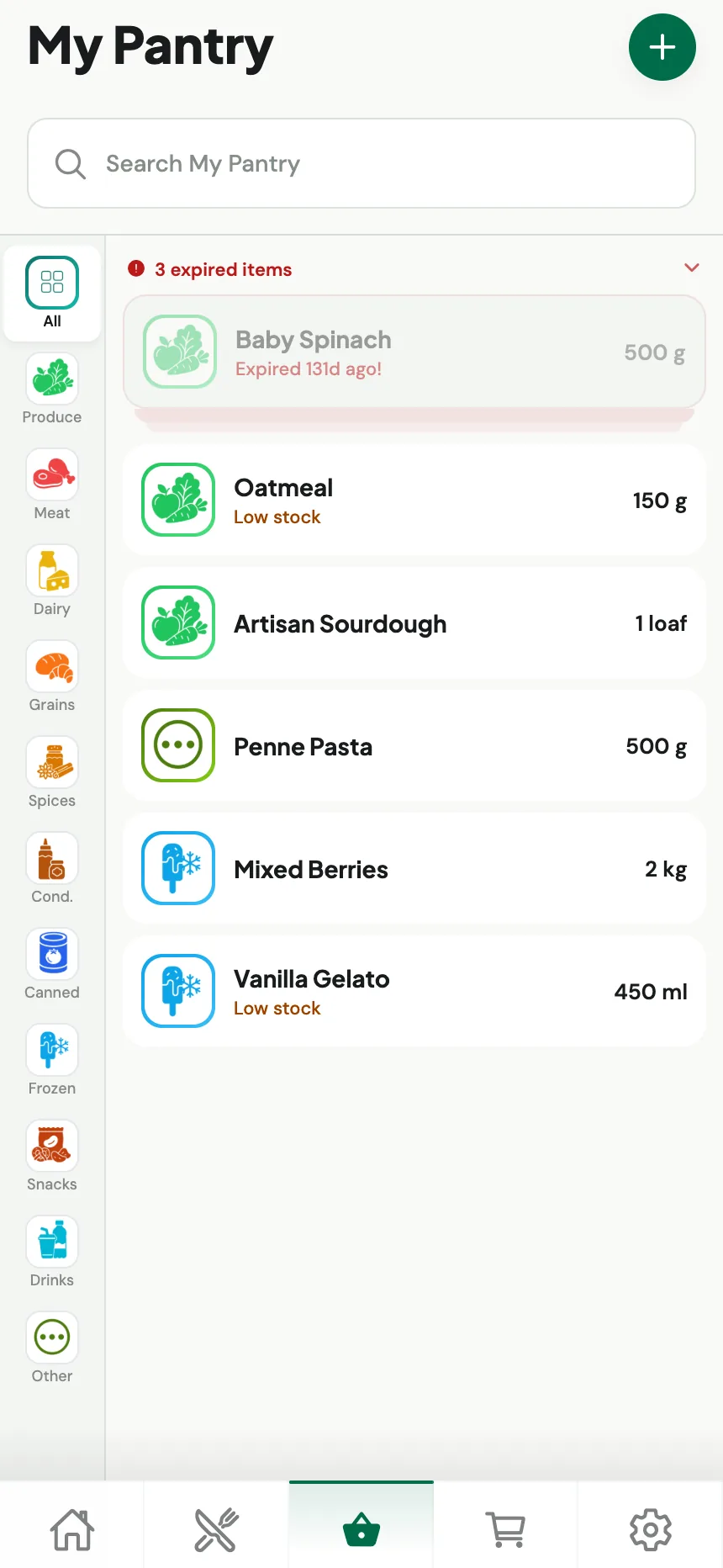 Stokd pantry inventory showing stocked, low, and expiring ingredients