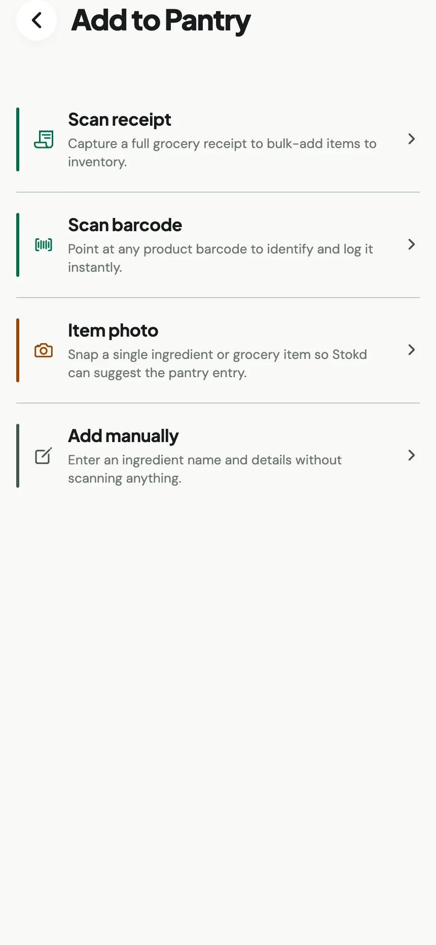 Stokd add-to-pantry screen offering receipt, barcode, photo, and manual entry