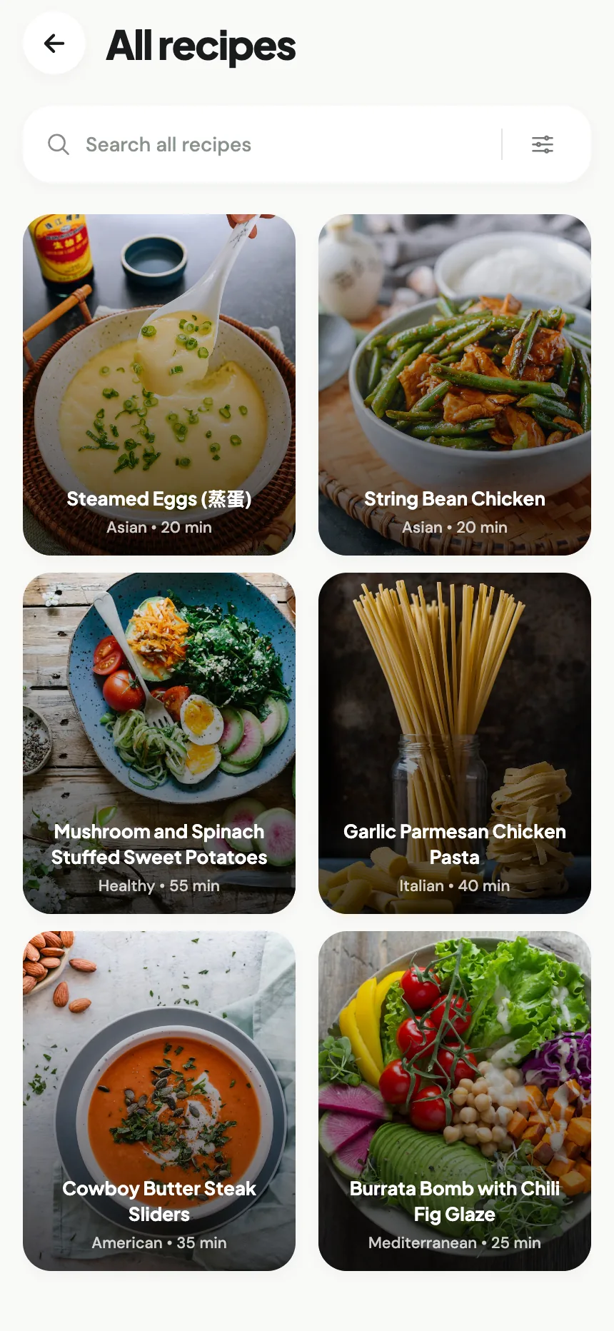 Stokd recipe library showing a grid of chef recipes with cuisine and cook time