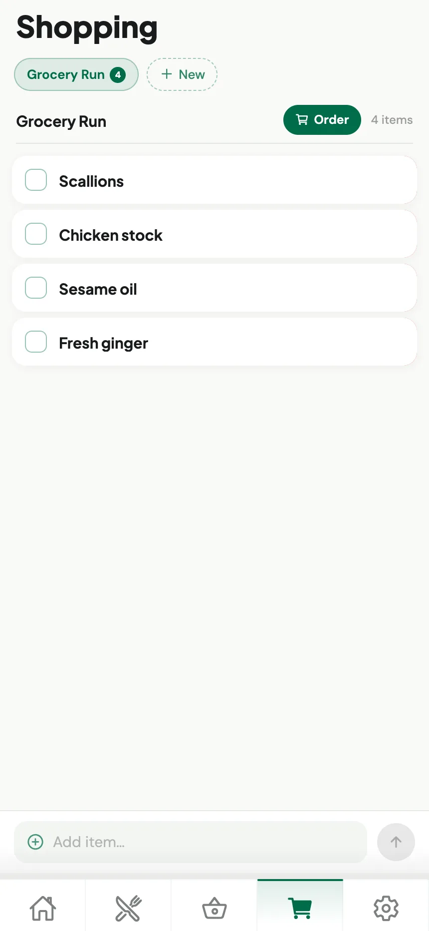 Stokd shopping list showing a grocery run built from a recipe